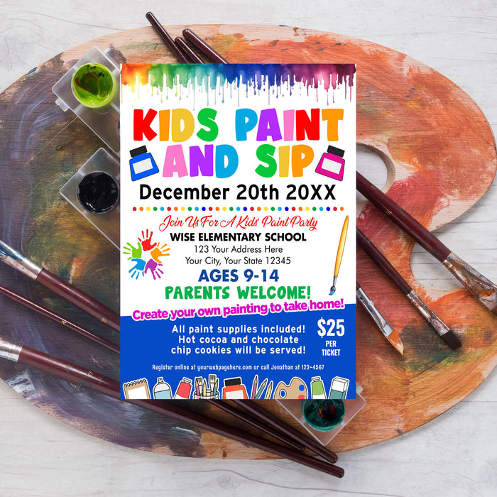 Customizable Kids Sip and Paint Party Flyer Template | Kids Party Painting Event Invite Poster