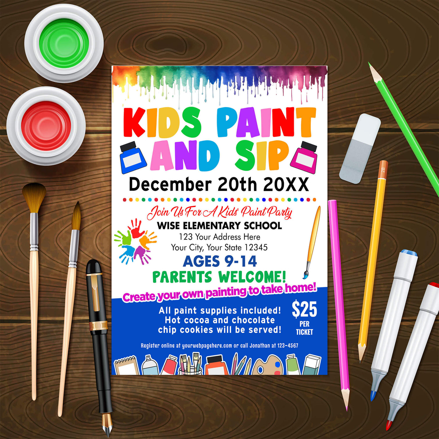 Customizable Kids Sip and Paint Party Flyer Template | Kids Party