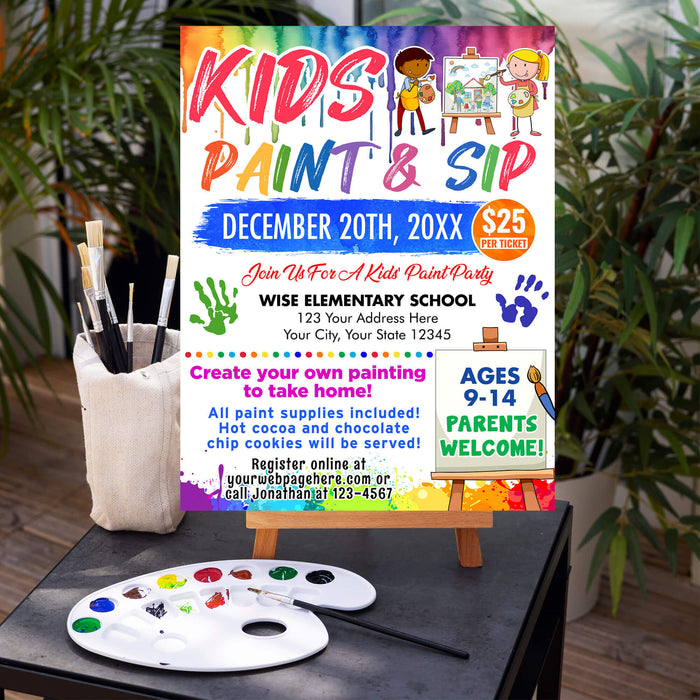 DIY Kids Sip and Paint Party Event Flyer | Paint Party Activity Event For Kids Poster Invitation