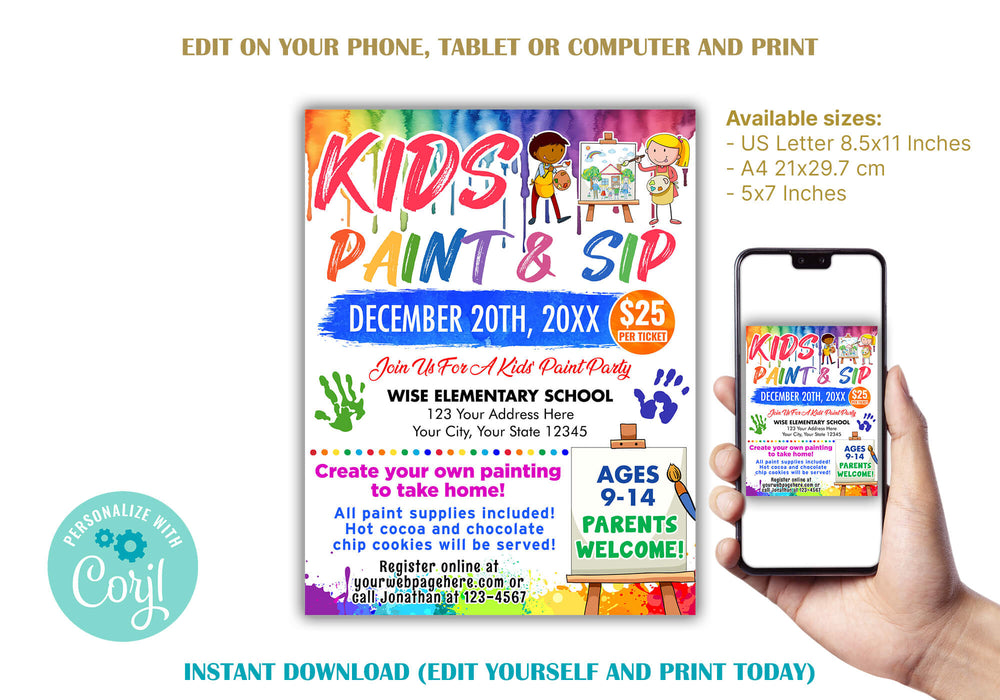 DIY Kids Sip and Paint Party Event Flyer | Paint Party Activity