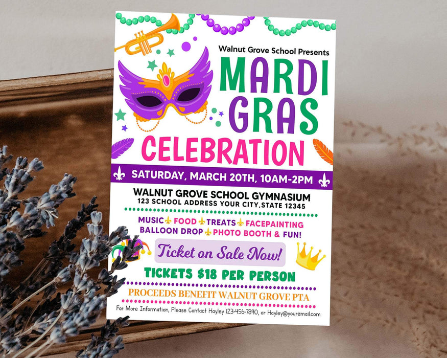 DIY Mardi Gras Celebration Flyer Template | Masquerade Theme Event Invitation