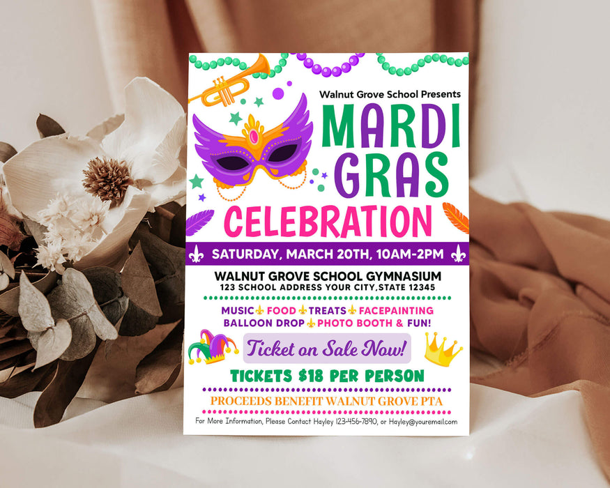 DIY Mardi Gras Party Ticket and Flyer Invite Bundle Template | Masquerade Theme Party