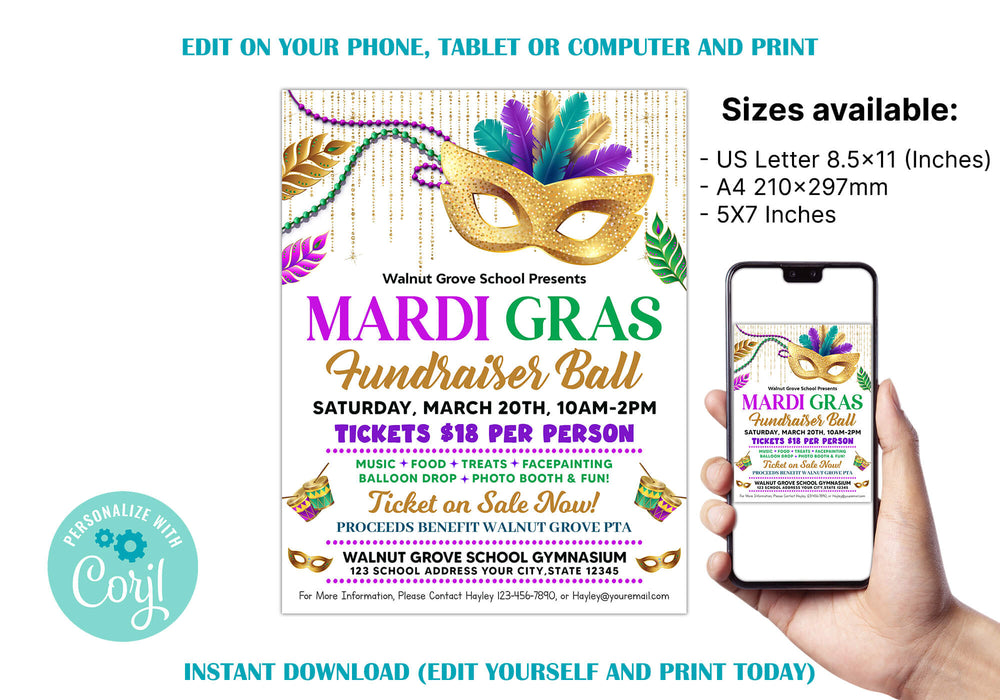 Customizable Masquerade Theme Party Ticket and Flyer Bundle Template | Mardi Gras Party