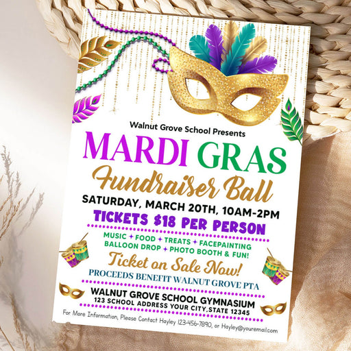 DIY Mardi Gras Ball Flyer Template | Masquerade Theme School Fundraiser Invitation