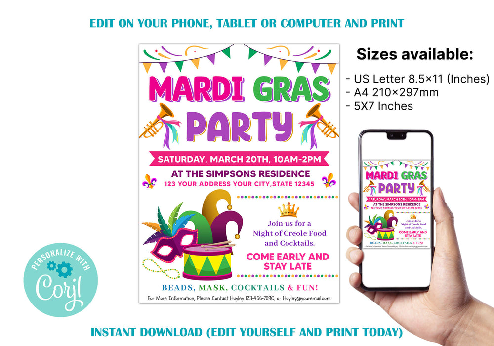 Customizable Mardi Gras Party Ticket and Flyer Invite Bundle | Masquerade Theme Party Template