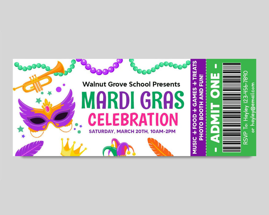 DIY Mardi Gras Party Ticket Template | Masquerade Theme Party Template