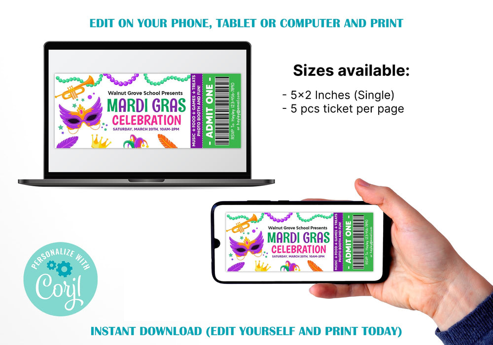 DIY Mardi Gras Party Ticket Template | Masquerade Theme Party Template