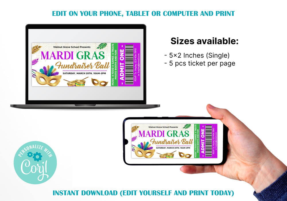 Customizable Masquerade Theme Party Ticket Template | Mardi Gras Party Template