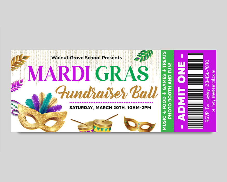 Customizable Masquerade Theme Party Ticket Template | Mardi Gras Party Template