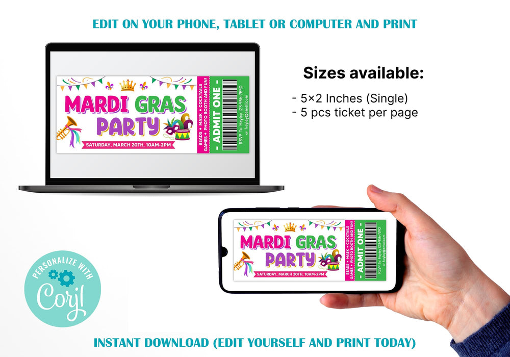 Customizable Mardi Gras Party Ticket Template | Masquerade Theme Party Template