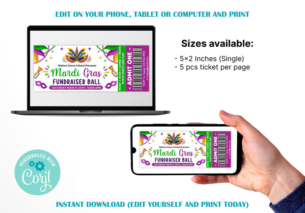 DIY Masquerade Theme Party Ticket Template | Mardi Gras Party Template