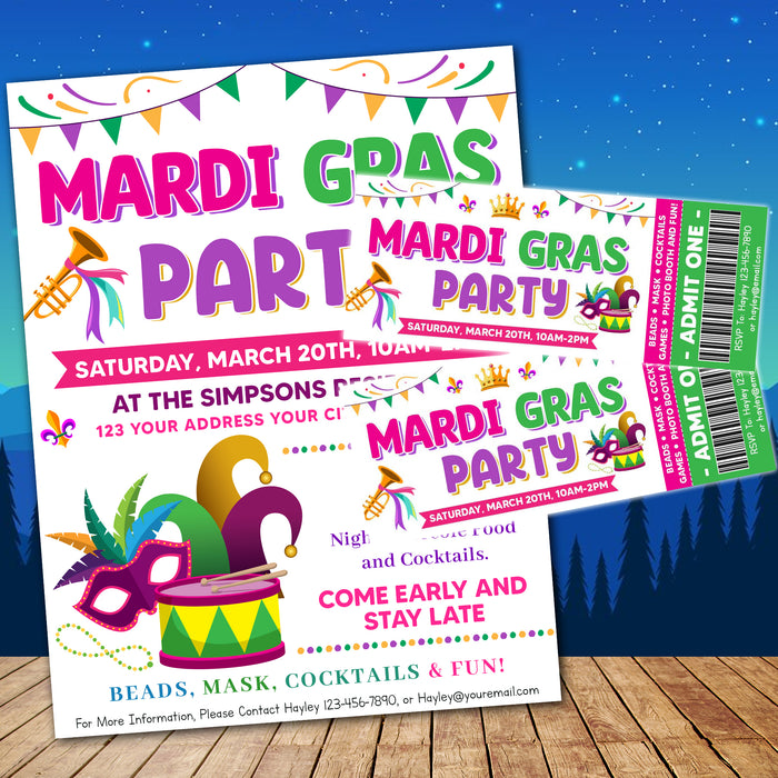 Customizable Mardi Gras Party Ticket and Flyer Invite Bundle | Masquerade Theme Party Template