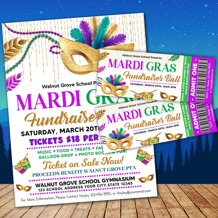 Customizable Masquerade Theme Party Ticket and Flyer Bundle Template | Mardi Gras Party