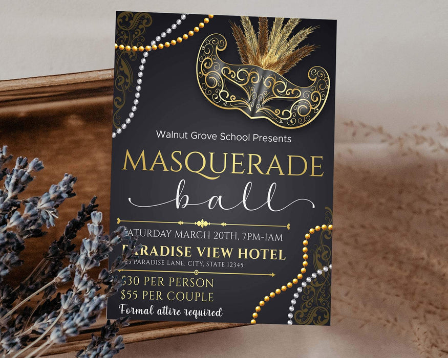 DIY Masquerade Theme Ball Invitation Flyer and Ticket Bundle Template | Junior Senior Prom