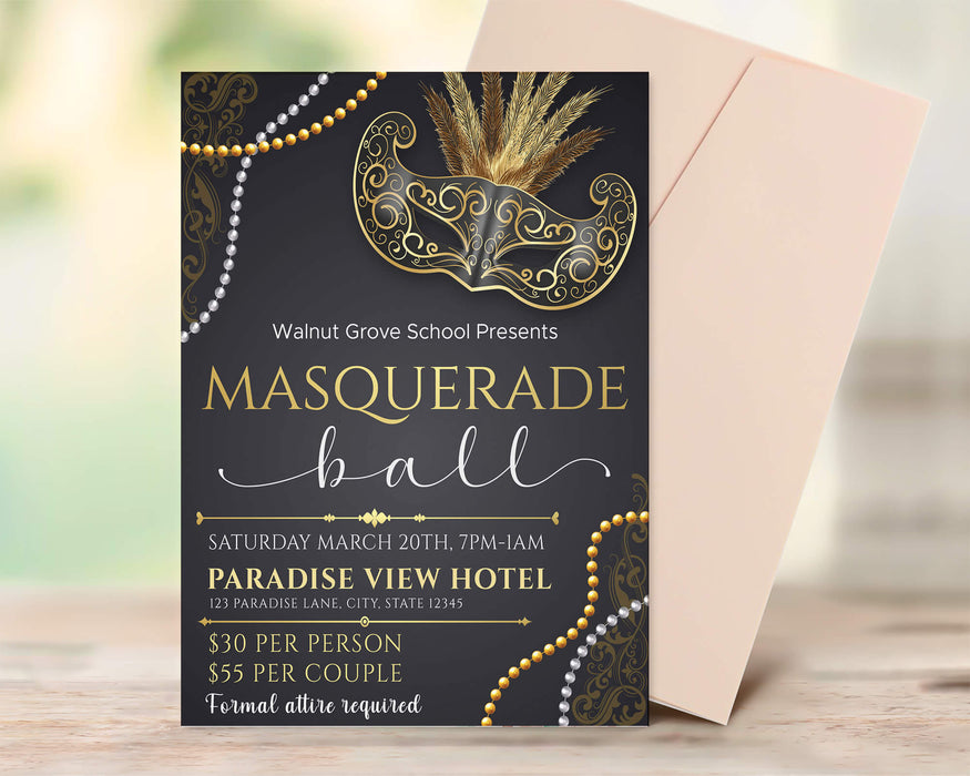 DIY Masquerade Theme Ball Invitation Flyer and Ticket Bundle Template | Junior Senior Prom