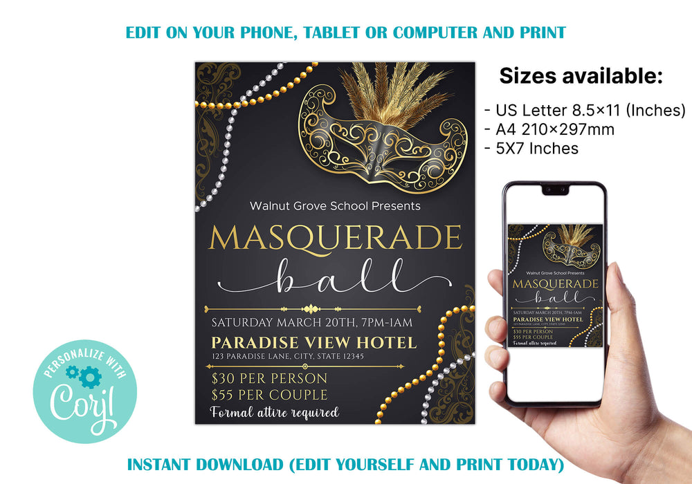 DIY Masquerade Theme Ball Invitation Flyer and Ticket Bundle Template | Junior Senior Prom