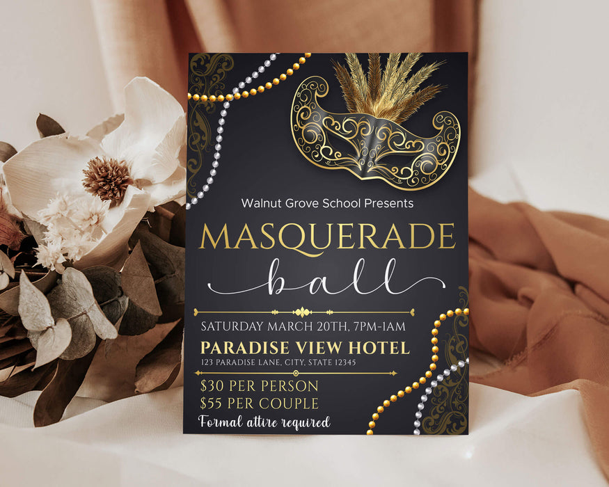 DIY Masquerade Theme Ball Invitation Flyer and Ticket Bundle Template | Junior Senior Prom