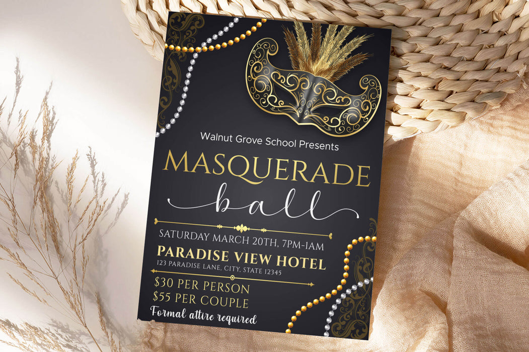 DIY Masquerade Theme Ball Invitation Flyer and Ticket Bundle Template | Junior Senior Prom