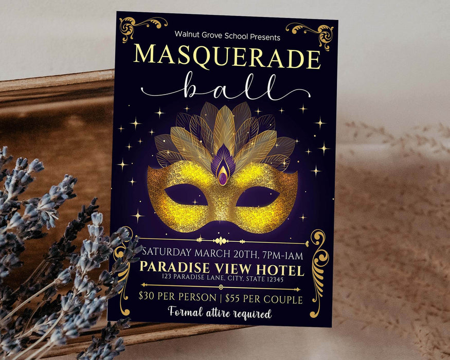 Customizable Masquerade Theme Ball Invitation Flyer and Ticket Bundle | Junior Senior Prom Template