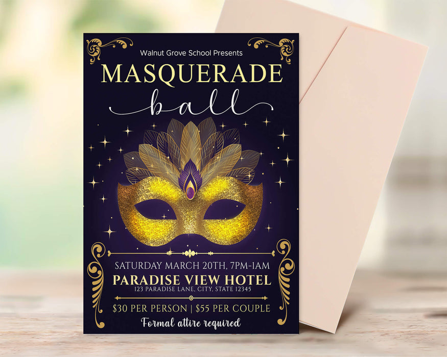 Customizable Masquerade Theme Ball Invitation Flyer and Ticket Bundle | Junior Senior Prom Template