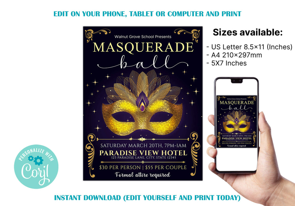 Customizable Masquerade Theme Ball Invitation Flyer and Ticket Bundle | Junior Senior Prom Template