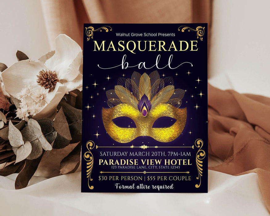 Customizable Masquerade Theme Ball Invitation Flyer and Ticket Bundle | Junior Senior Prom Template