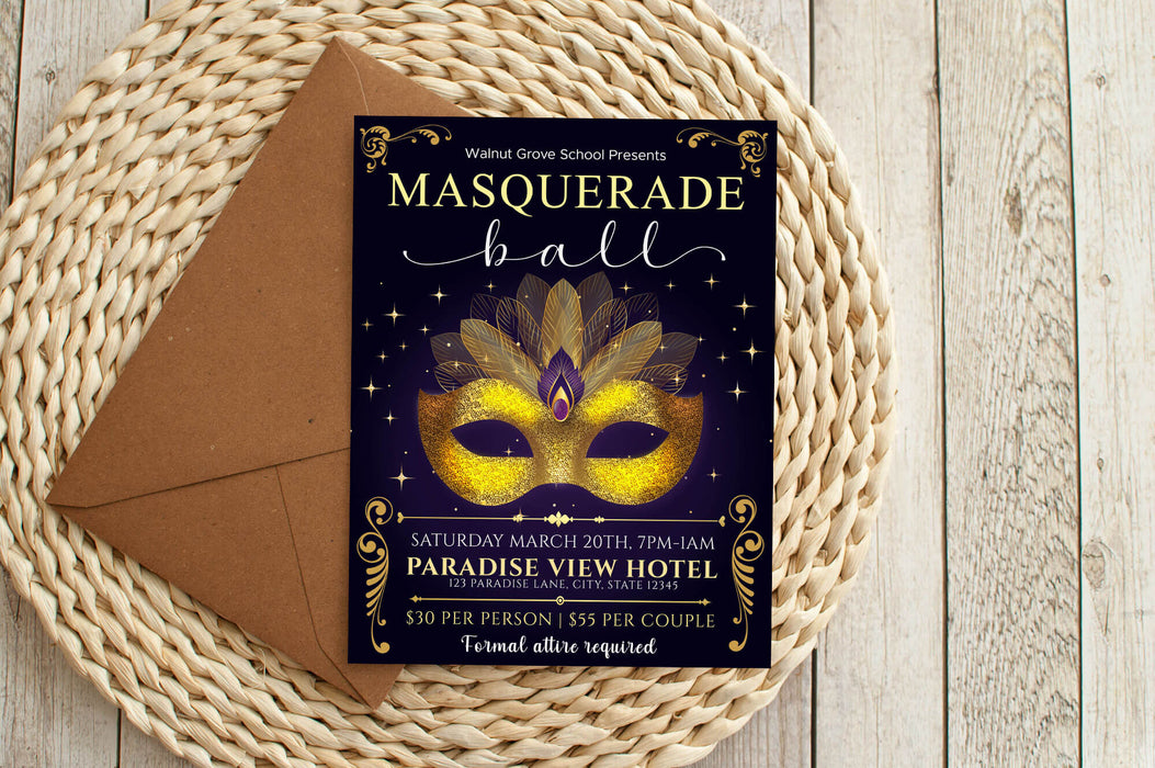 DIY Masquerade Ball Prom Flyer | Masquerade Theme School Prom Invite Template
