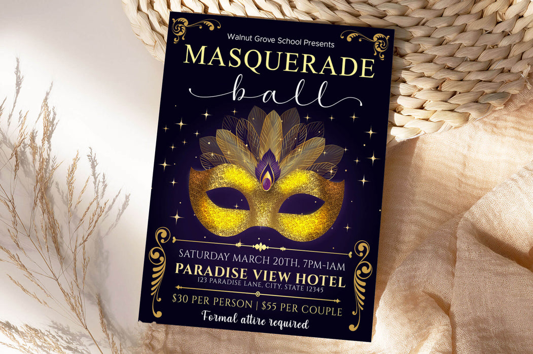 Customizable Masquerade Theme Ball Invitation Flyer and Ticket Bundle | Junior Senior Prom Template