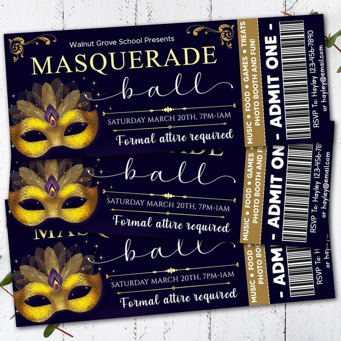 Customizable Masquerade Theme Ball Invitation Ticket Template | Junior Senior Prom