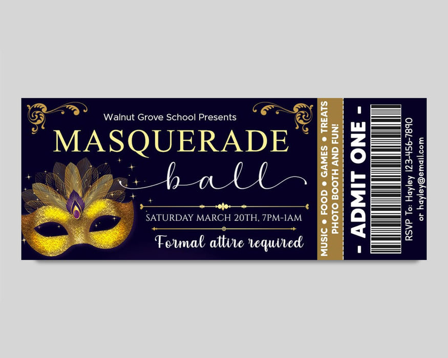 Customizable Masquerade Theme Ball Invitation Flyer and Ticket Bundle | Junior Senior Prom Template