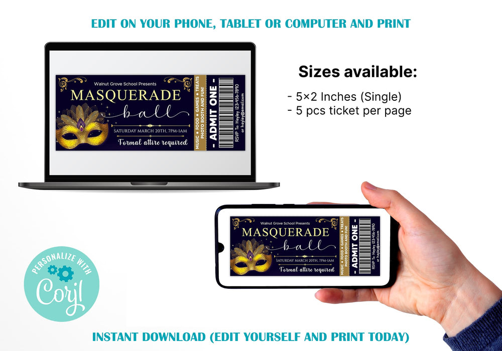 Customizable Masquerade Theme Ball Invitation Ticket Template | Junior Senior Prom