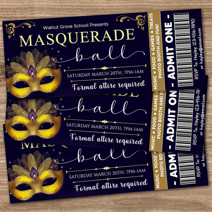 Customizable Masquerade Theme Ball Invitation Ticket Template | Junior Senior Prom