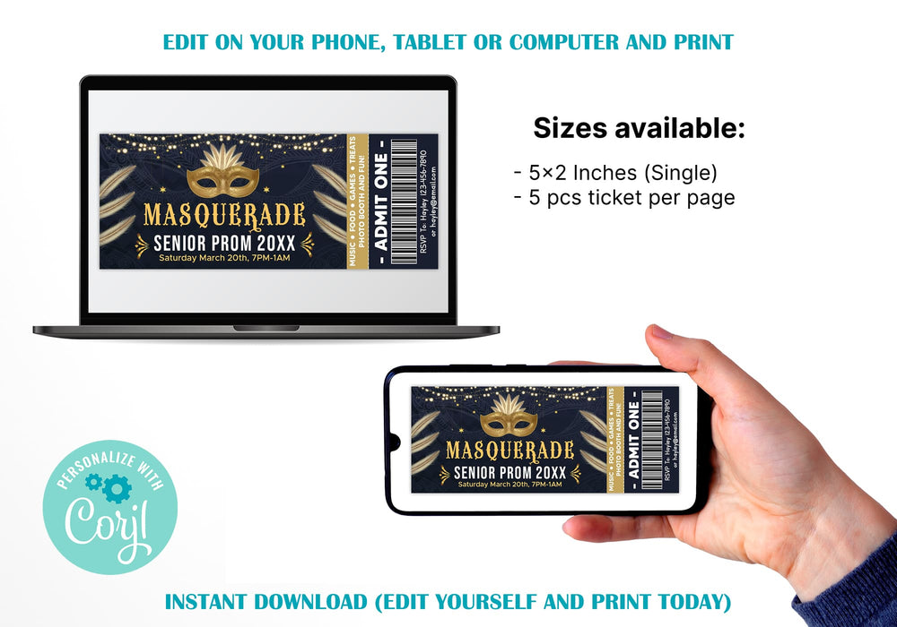 Customizable Masquerade Theme Junior Senior Prom Ticket Template | Masquerade Ball Event