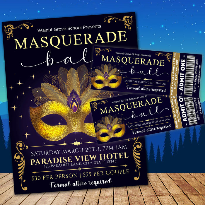 Customizable Masquerade Theme Ball Invitation Flyer and Ticket Bundle | Junior Senior Prom Template