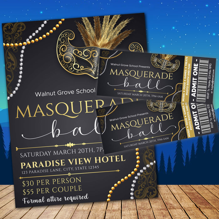 DIY Masquerade Theme Ball Invitation Flyer and Ticket Bundle Template | Junior Senior Prom