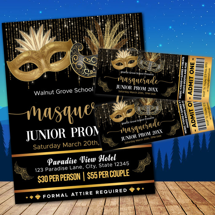 DIY Masquerade Theme Junior Senior Prom Ticket and Flyer Bundle | Masquerade Ball Event Template