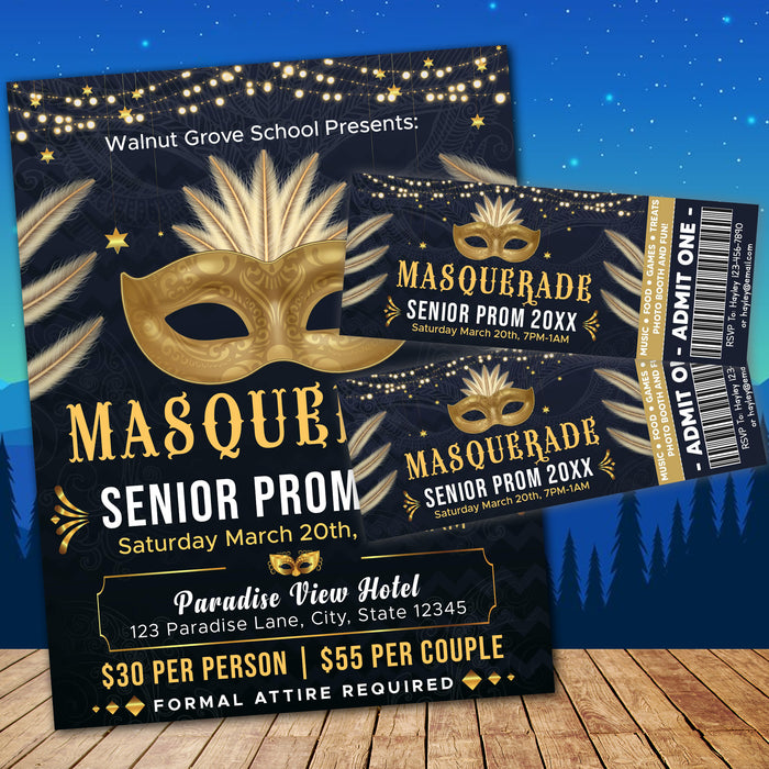 Customizable Masquerade Theme Junior Senior Prom Ticket and Flyer | Masquerade Ball Event Bundle Template