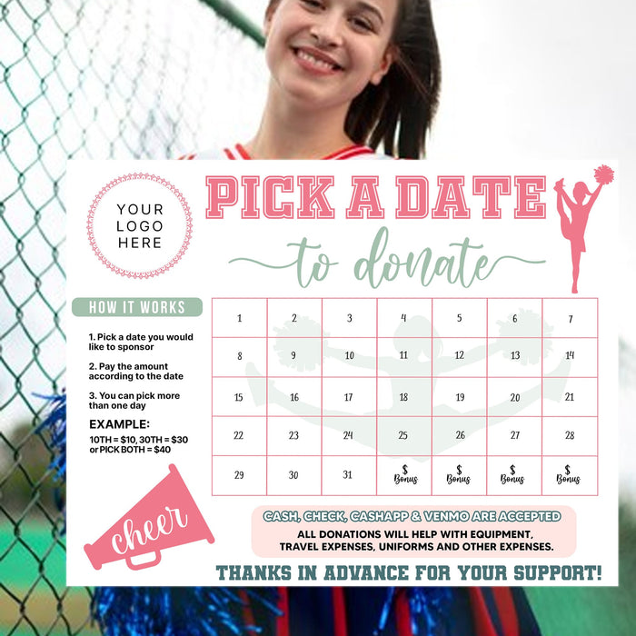 Soft Pastel Minimalist Cheerleader Donation Calendar Printable