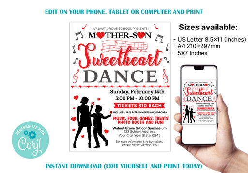 DIY Mother Son School Sweetheart Dance Ticket  and Flyer Template | School Valentine's Dance Bundle