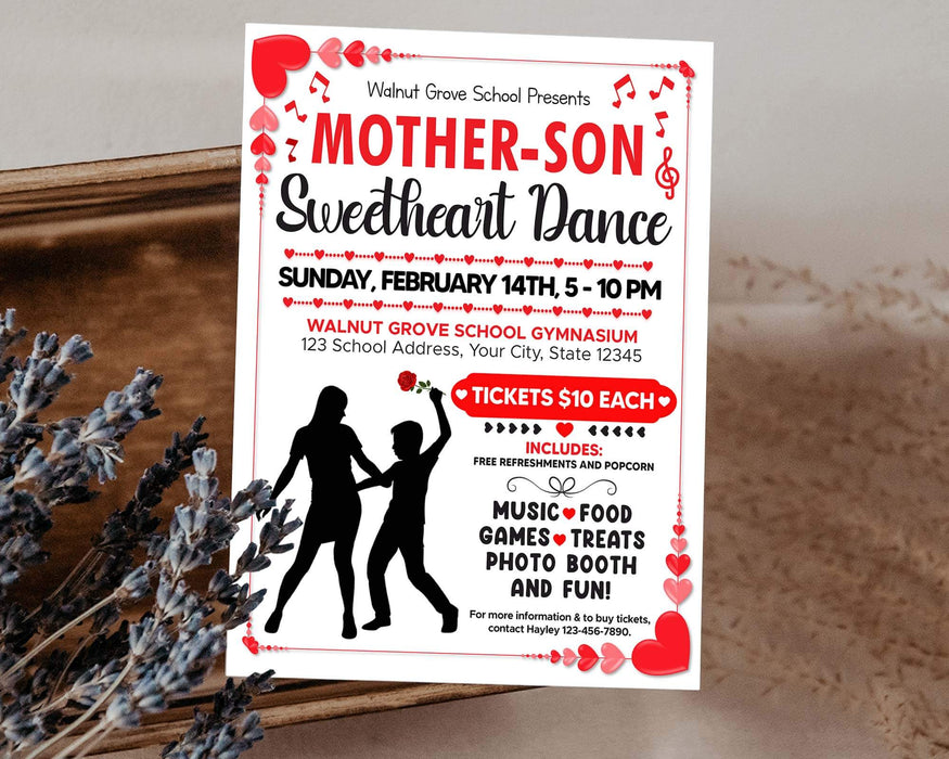 Customizable Mother Son School Sweetheart Dance Ticket  and Flyer Bundle | School Valentine's Dance Template