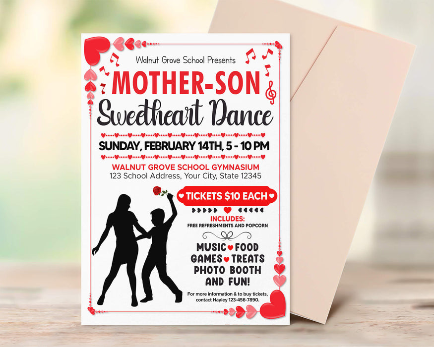 Customizable Mother Son School Sweetheart Dance Ticket  and Flyer Bundle | School Valentine's Dance Template