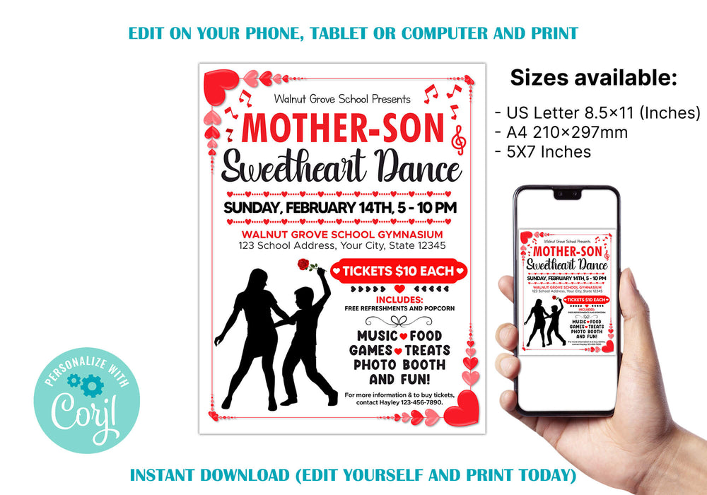 Customizable Mother Son School Sweetheart Dance Ticket  and Flyer Bundle | School Valentine's Dance Template