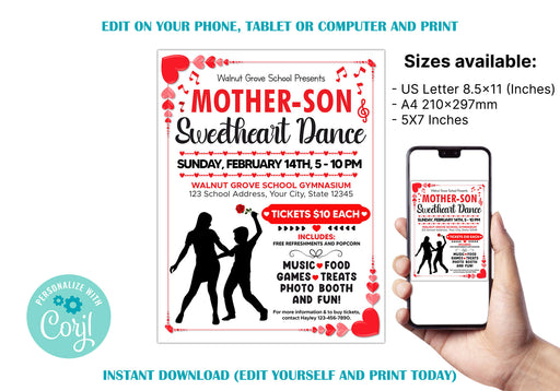 Customizable Mother Son School Sweetheart Dance Ticket  and Flyer Bundle | School Valentine's Dance Template