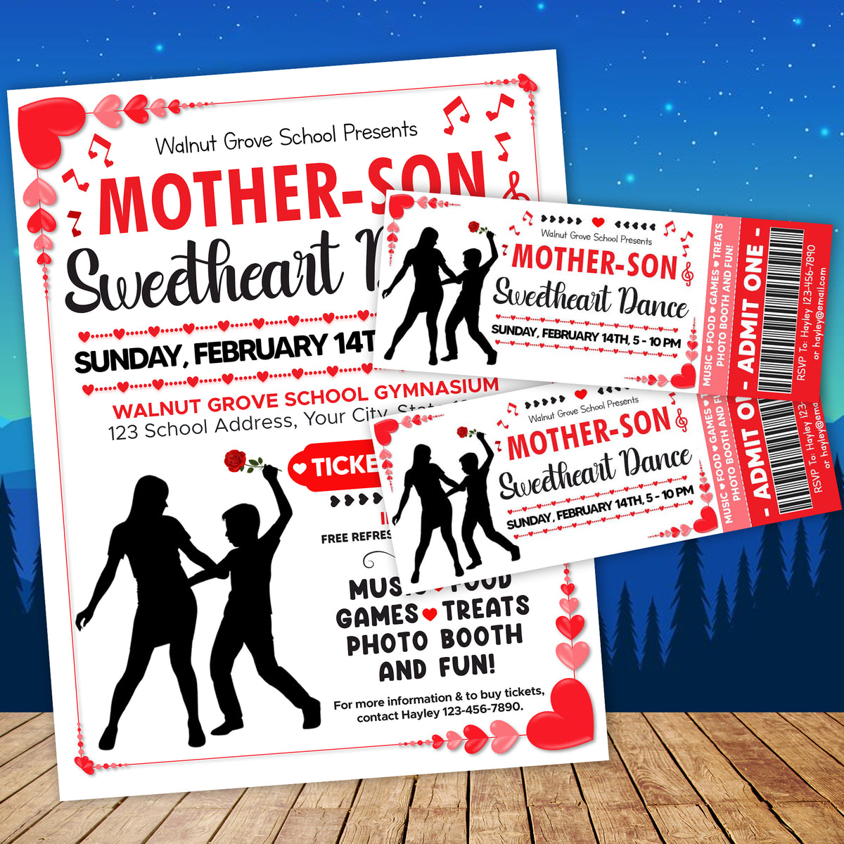 Customizable Mother Son School Sweetheart Dance Ticket and Flyer Bundle