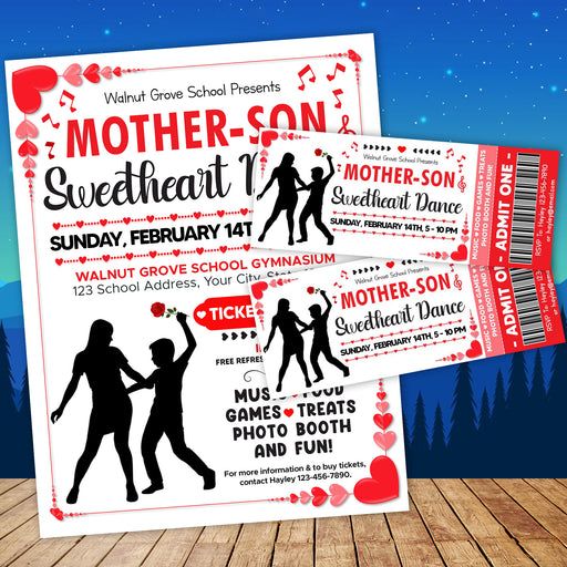 Customizable Mother Son School Sweetheart Dance Ticket  and Flyer Bundle | School Valentine's Dance Template