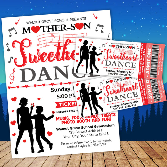 DIY Mother Son School Sweetheart Dance Ticket  and Flyer Template | School Valentine's Dance Bundle