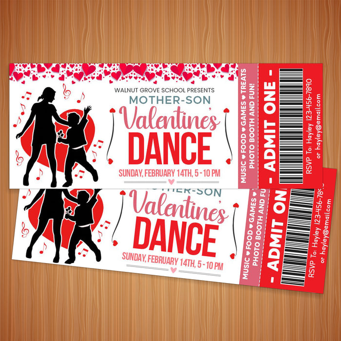 Customizable Mother Son Valentine's Day Dance Ticket and Flyer | School Heart Day Dance Bundle