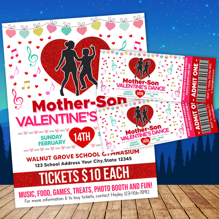 DIY Mother Son Valentine's Day Dance Ticket and Flyer Bundle | School Heart Day Dance Template