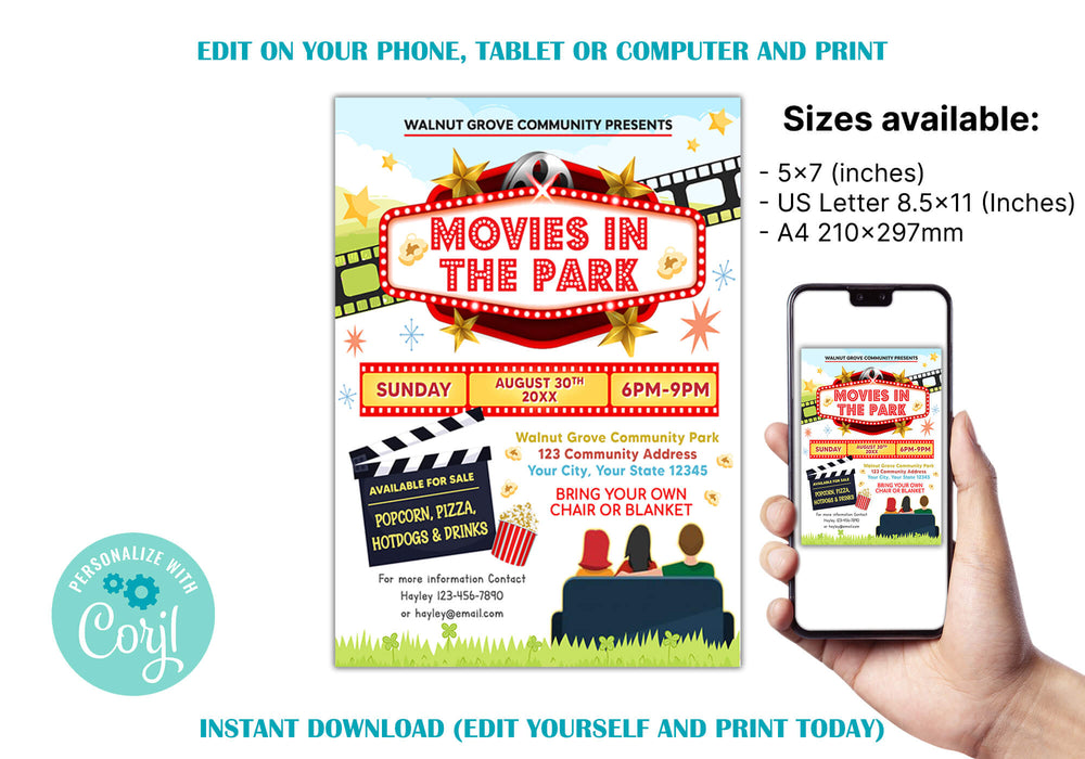 Customizable Movies In The Park Ticket and Flyer Bundle | Outdoor Benefit Fundraiser Event Template