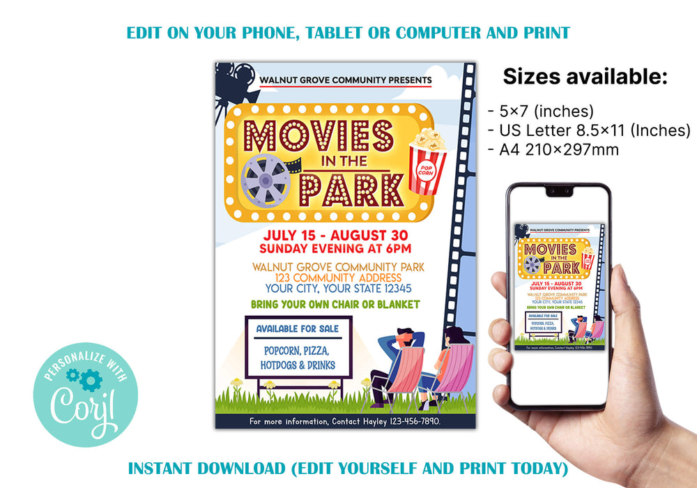 DIY Movies In The Park Ticket and Flyer Bundle Template | Outdoor Benefit Fundraiser Event